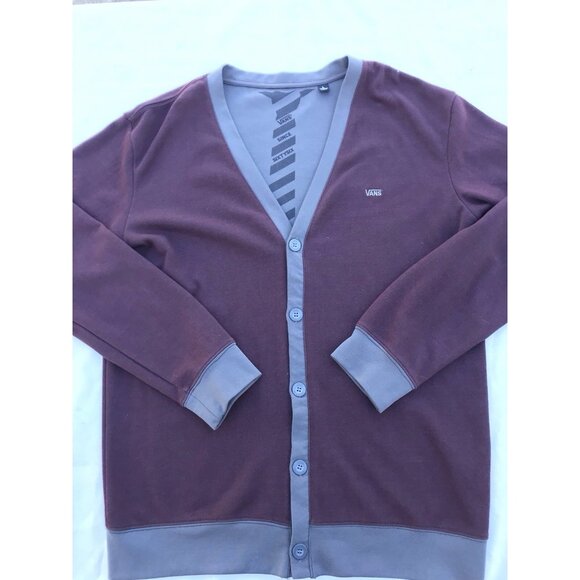 VANS Poly Cotton Button Up Cardigan Sweater Maroon Gray Men’s L Retro Jacket EUC - Picture 1 of 14